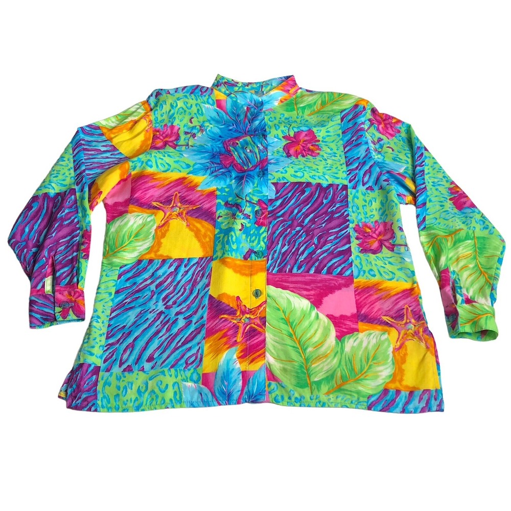 Vintage 90s Sea Suns Top Women XL Floral Fish Hawaiian Watercolor All Over Print